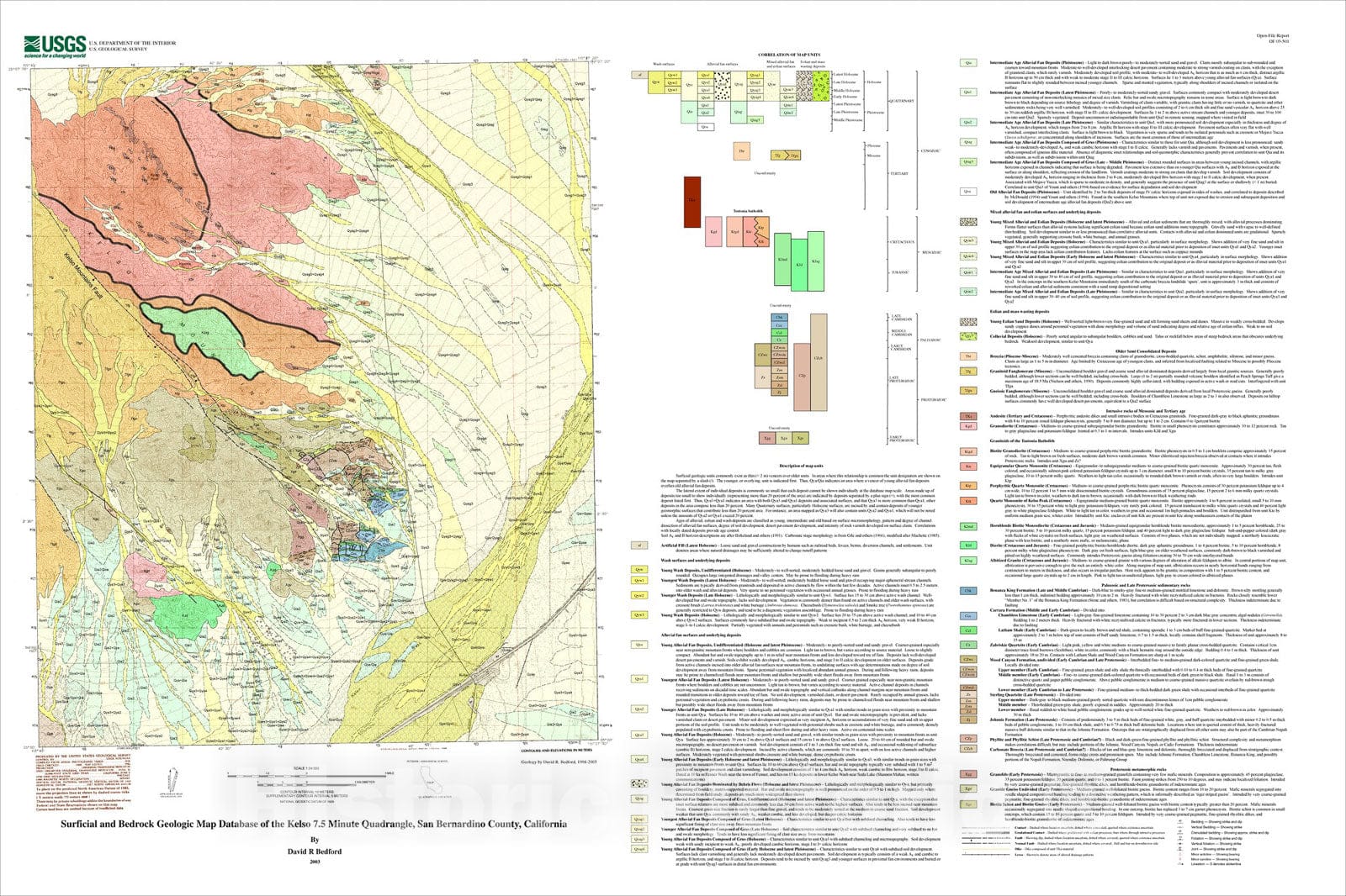 Map : Surficial and bedrock geologic map database of the Kelso 7.5 minute quadrangle, San Bernardino County, California, 2003 Cartography Wall Art :