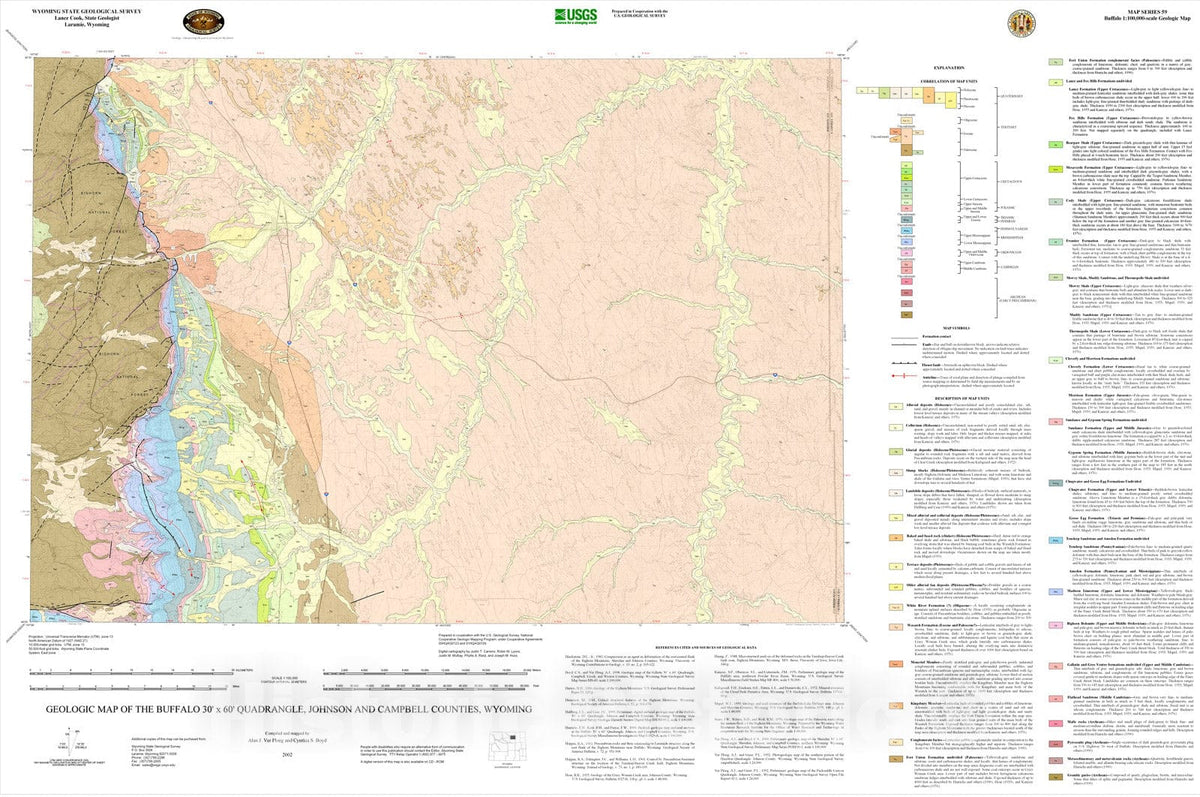 Map : Geologic map of the Buffalo 30' x 60' Quadrangle, Johnson and Campbell Counties, Wyoming, 2002 Cartography Wall Art :