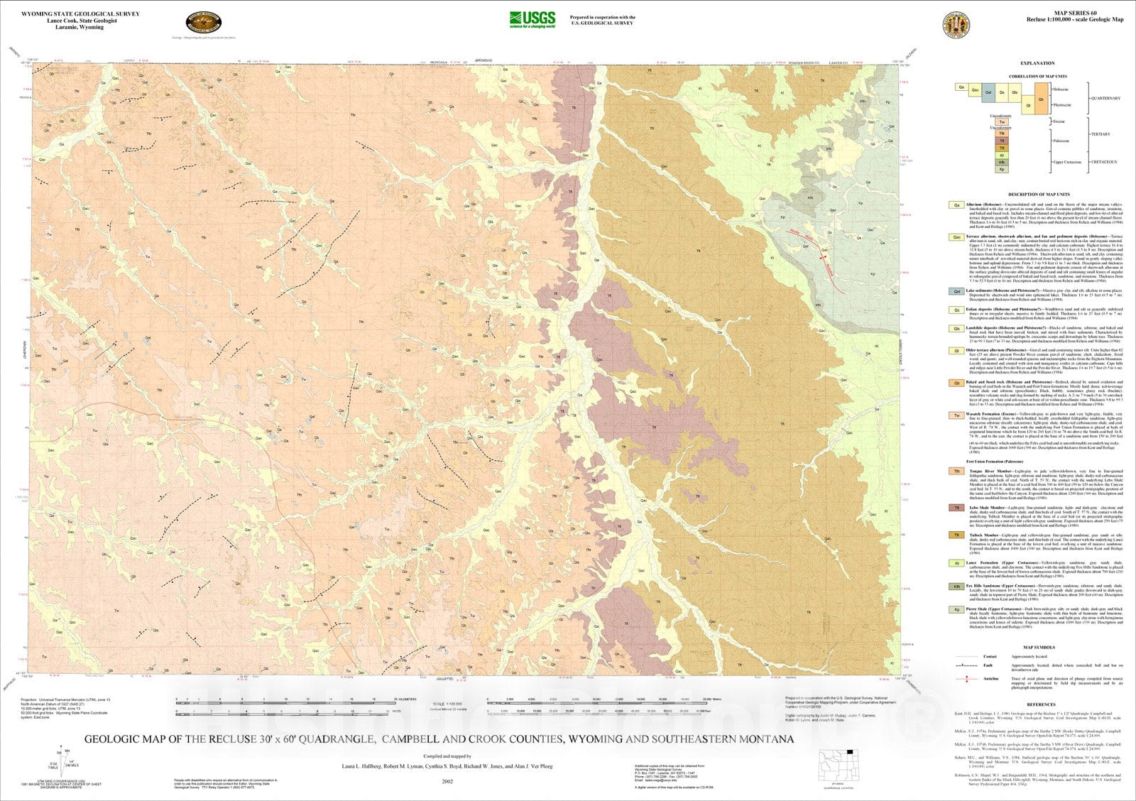 Map : Geologic map of the Recluse 30' x 60' Quadrangle, Campbell and Crook Counties, Wyoming, 2002 Cartography Wall Art :