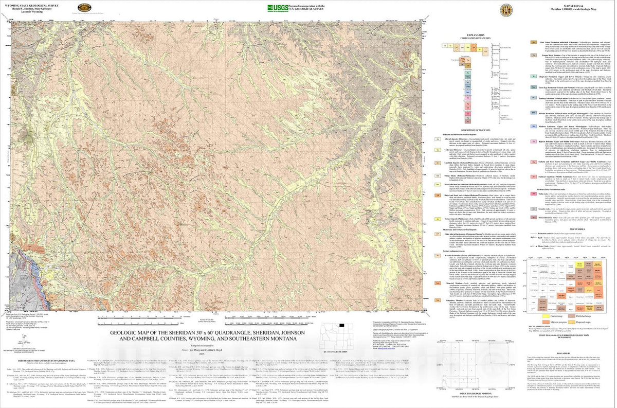 Map : Geologic map of the Sheridan 30' x 60' Quadrangle, Sheridan, Johnson, and Campbell Counties, Wyoming and southeastern Montana, 2003 Cartography Wall Art :