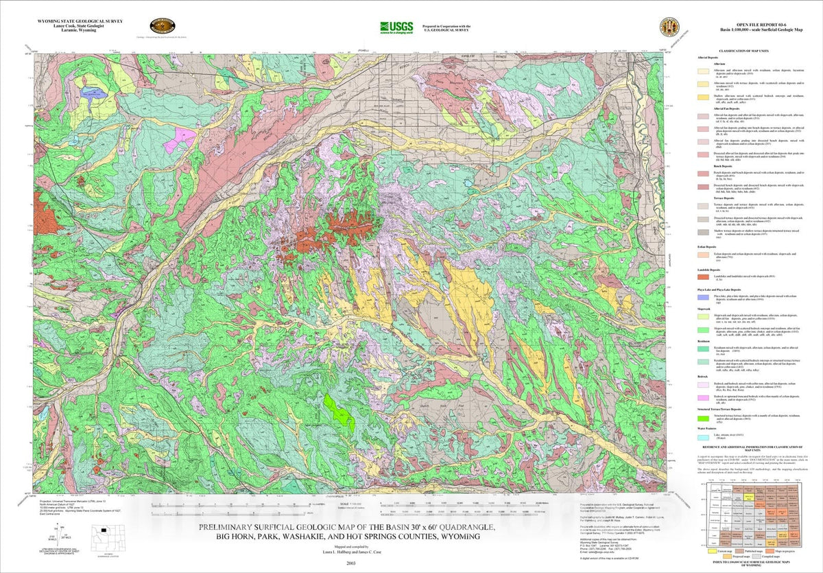 Map : Preliminary surficial geologic map of the Basin 30' x 60' Quadrangle, Big Horn, Park, Washakie, and Hot Springs Counties, Wyoming, 2003 Cartography Wall Art :