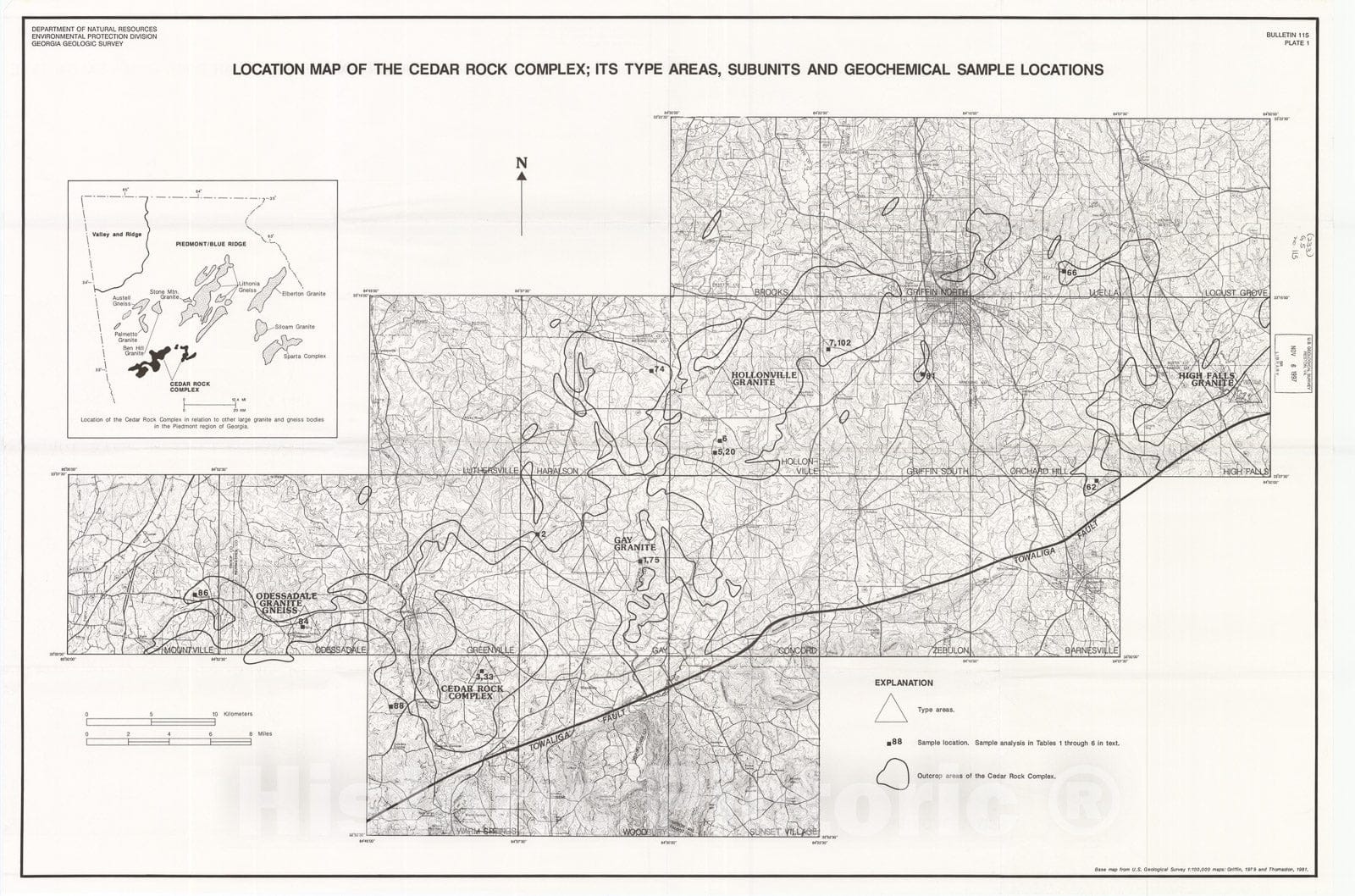 Map : Structural relations, origin, and emplacement of granitic rocks in the Cedar Rock complex, Georgia Piedmont, 1992 Cartography Wall Art :