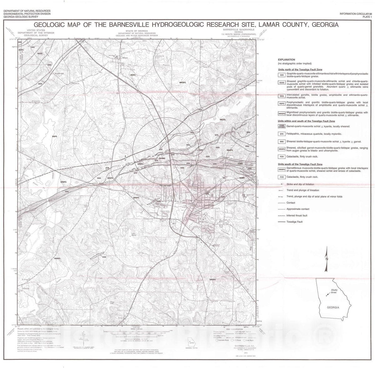 Map : Geology of the Barnesville hydrogeologic research site, Lamar county, Georgia, 1995 Cartography Wall Art :