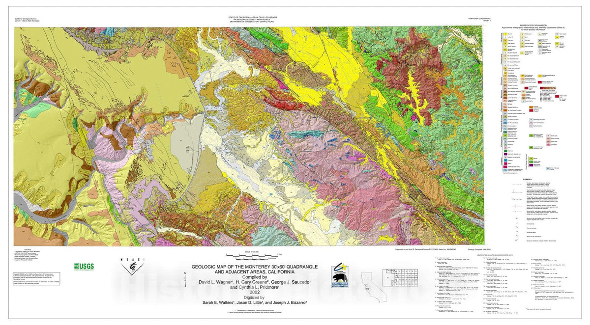 Map : Geologic map of the Monterey 30' x 60' quadrangle and adjacent areas, California, 2002 Cartography Wall Art :