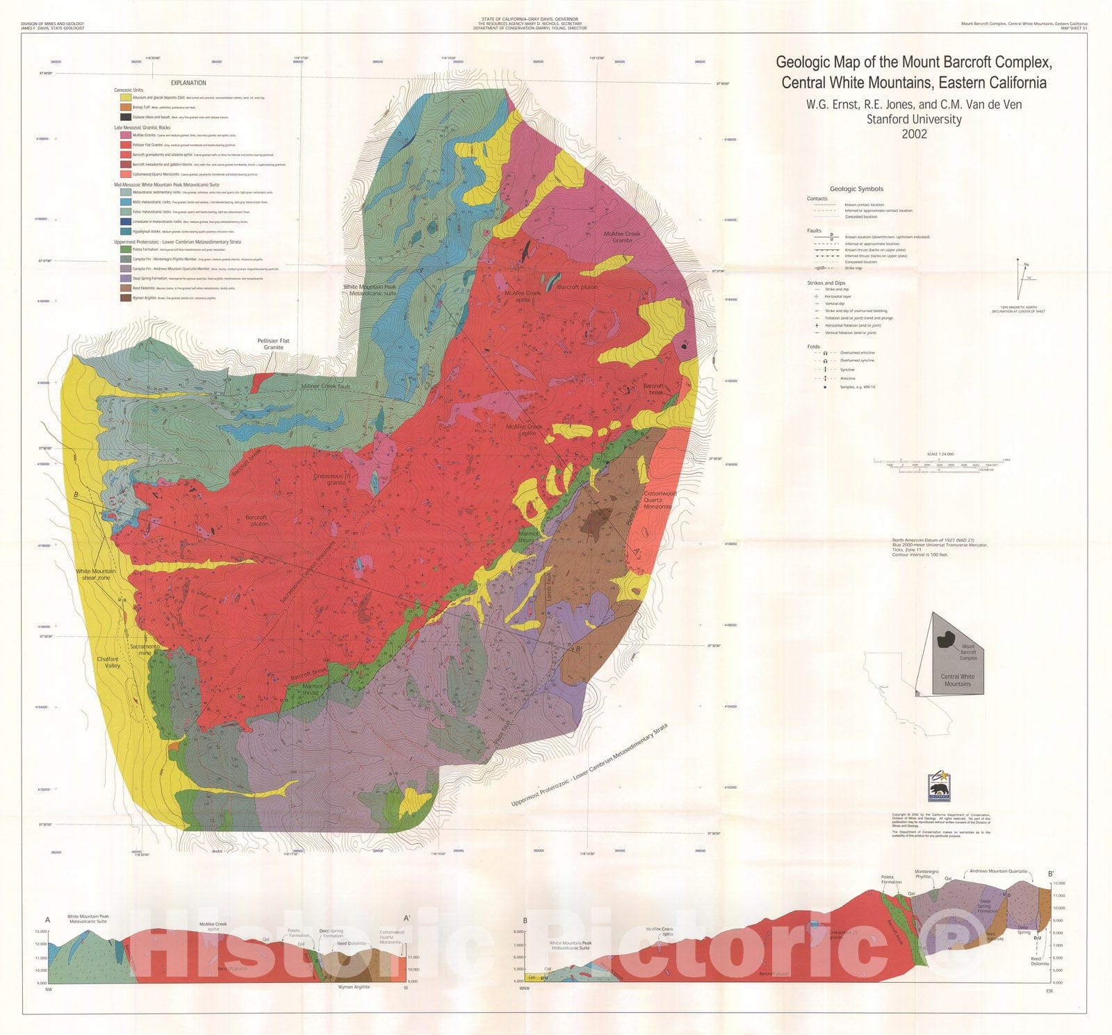 Map : Geologic map of the Mount Barcroft Complex, Central White Mountains, eastern California, 2002 Cartography Wall Art :