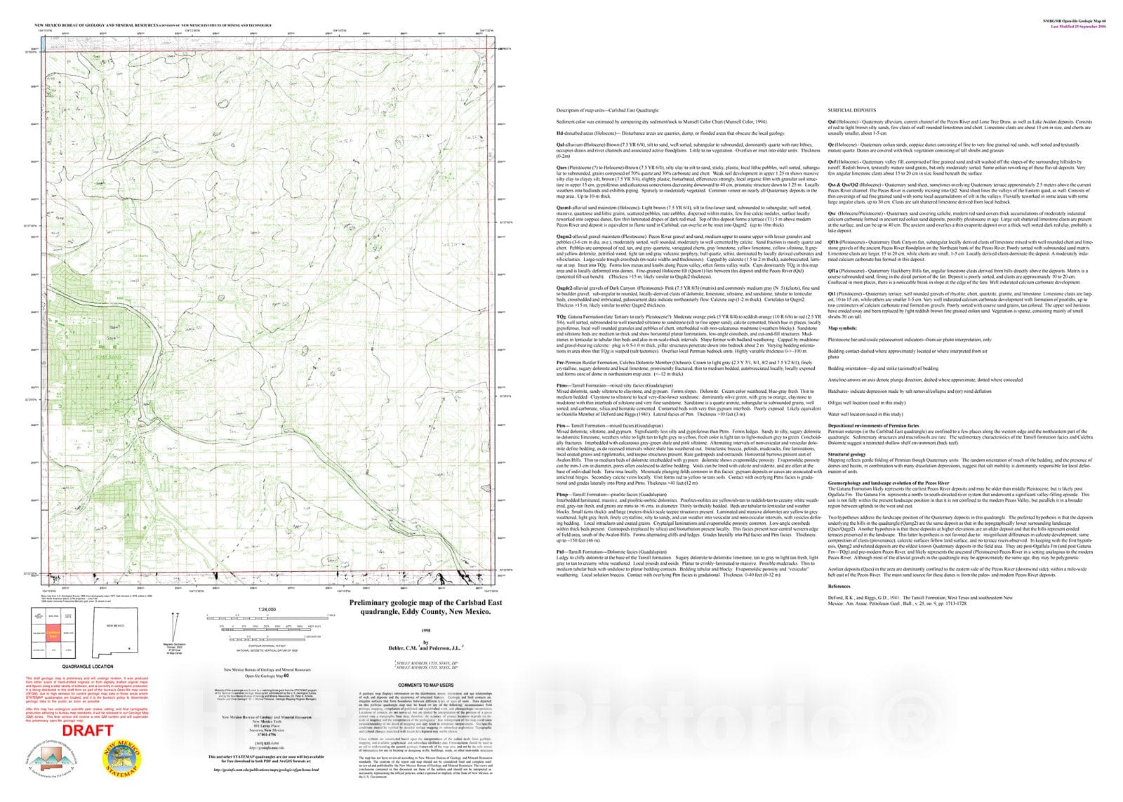Map : Geology of the Carlsbad East 7.5 minute quadrangle, Eddy County, New Mexico [with accompanying map of Quaternary deposits, by K.D. McLin, 2000], 1998 Cartography Wall Art :
