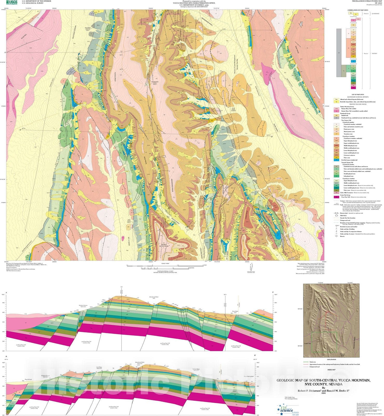 Map : Geologic map of south-central Yucca Mountain, Nye County, Nevada, 2004 Cartography Wall Art :