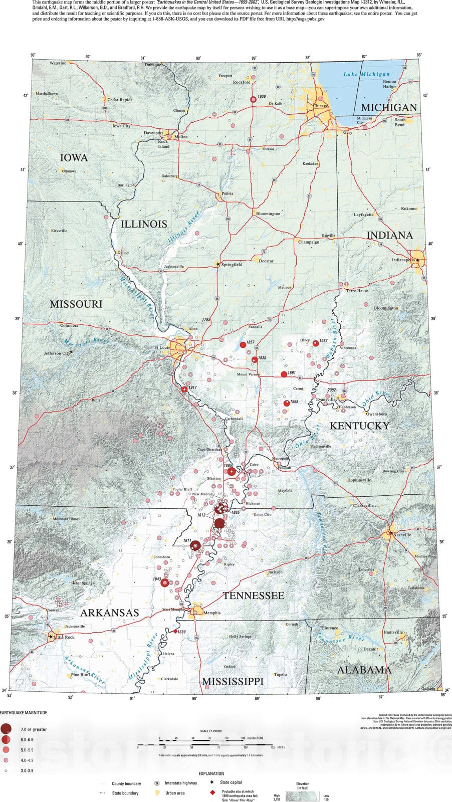 Map : Earthquakes in the central United States -- 1699-2002, 2003 Cartography Wall Art :