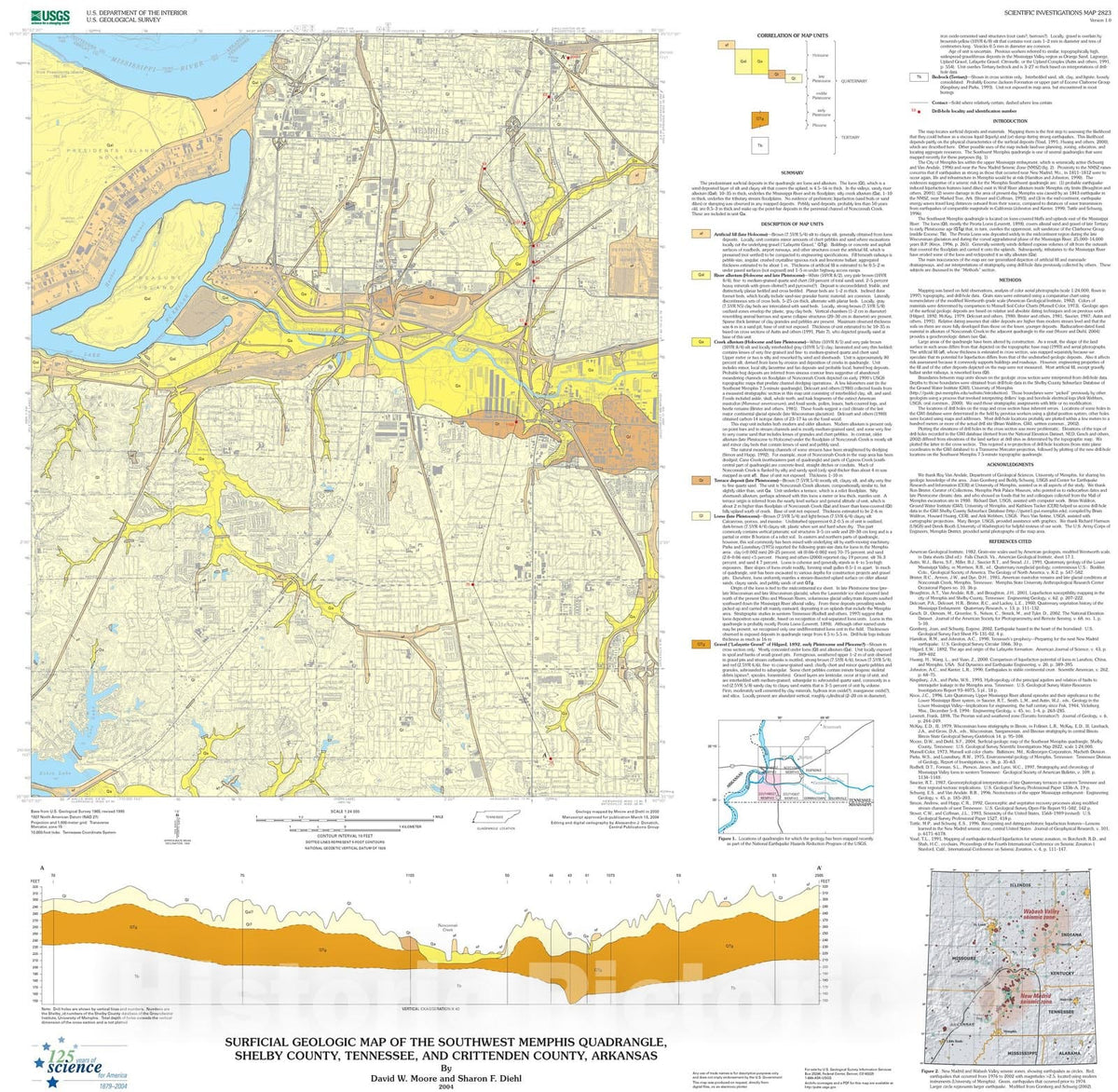 Map : Surficial geologic map of the southwest Memphis quadrangle, Shelby County, Tennessee, and Crittenden County, Arkansas, 2004 Cartography Wall Art :
