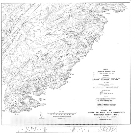 Map : Geologic Map of the Cutler and Moose River Quadrangles, Washington County, Maine, 1961 Cartography Wall Art :
