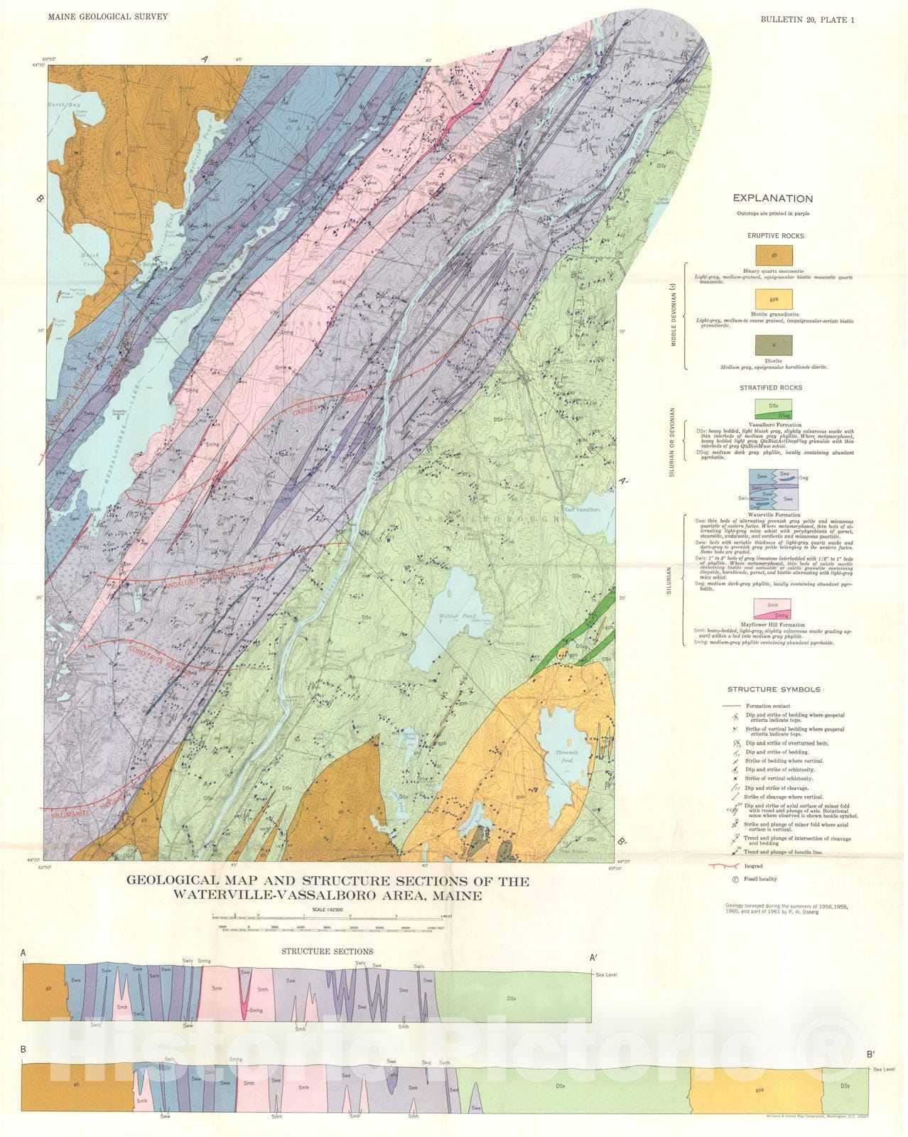 Map : Stratigraphy, Structural Geology, and Metamorphism of the Waterville-Vassalboro Area, Maine, 1968 Cartography Wall Art :