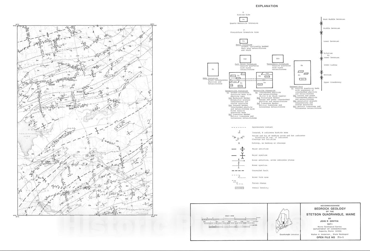 Map : Reconnaissance Bedrock Geology of the Stetson 15' Quadrangle, Maine, 1971 Cartography Wall Art :