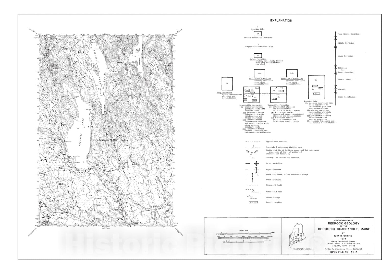 Map : Reconnaissance Bedrock Geology of the Schoodic Quadrangle, Maine, 1971 Cartography Wall Art :