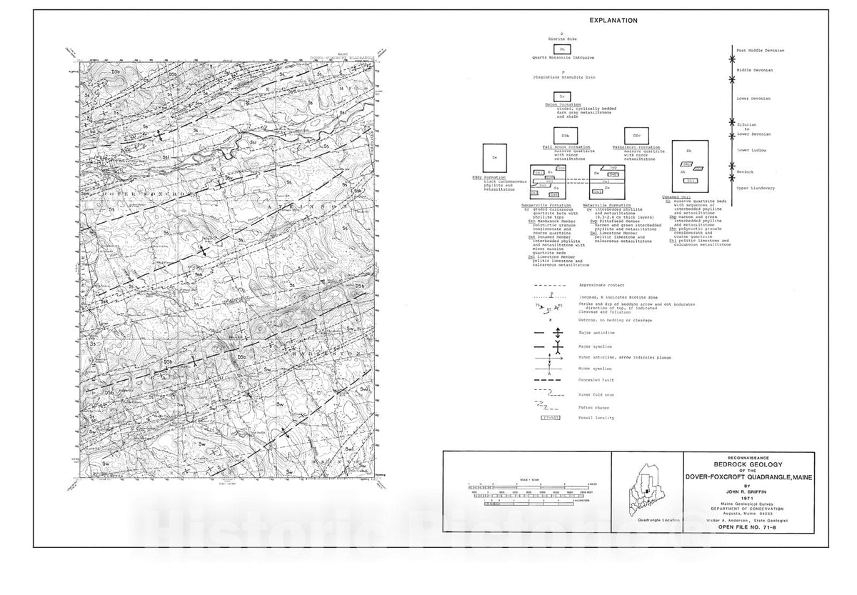 Map : Reconnaissance Bedrock Geology of the Dover-Foxcroft 15' Quadrangle, Maine, 1971 Cartography Wall Art :