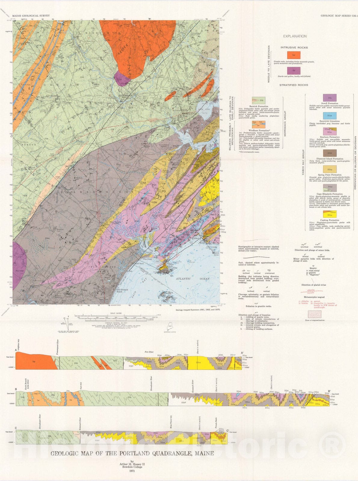 Map : Geologic Map of the Portland 15' Quadrangle, Maine, 1971 Cartography Wall Art :