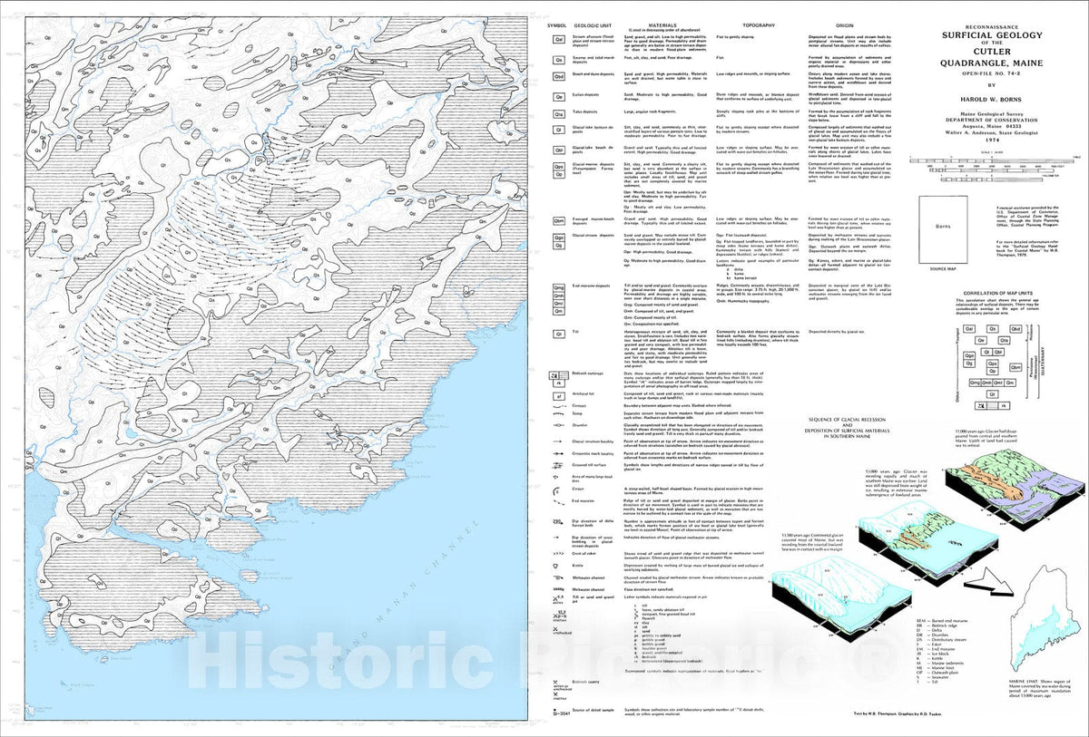 Map : Reconnaissance Surficial Geology of the Cutler Quadrangle, Maine, 1974 Cartography Wall Art :