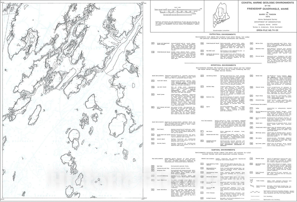 Map : Coastal Marine Geologic Environments in the Friendship Quadrangle, Maine, 1974 Cartography Wall Art :