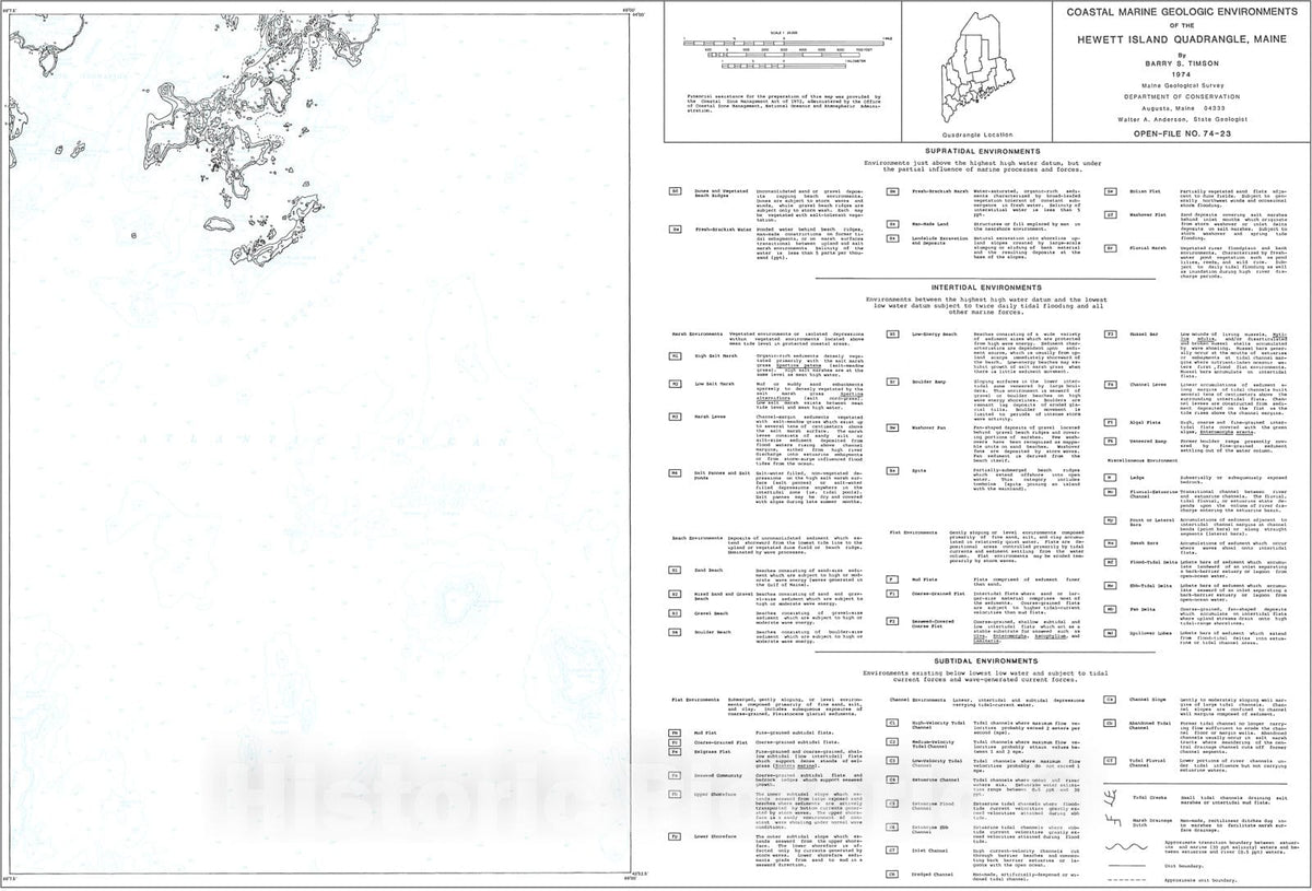 Map : Coastal Marine Geologic Environments of the Hewett Island [Hewitt Island 7.5'] Quadrangle, Maine, 1974 Cartography Wall Art :