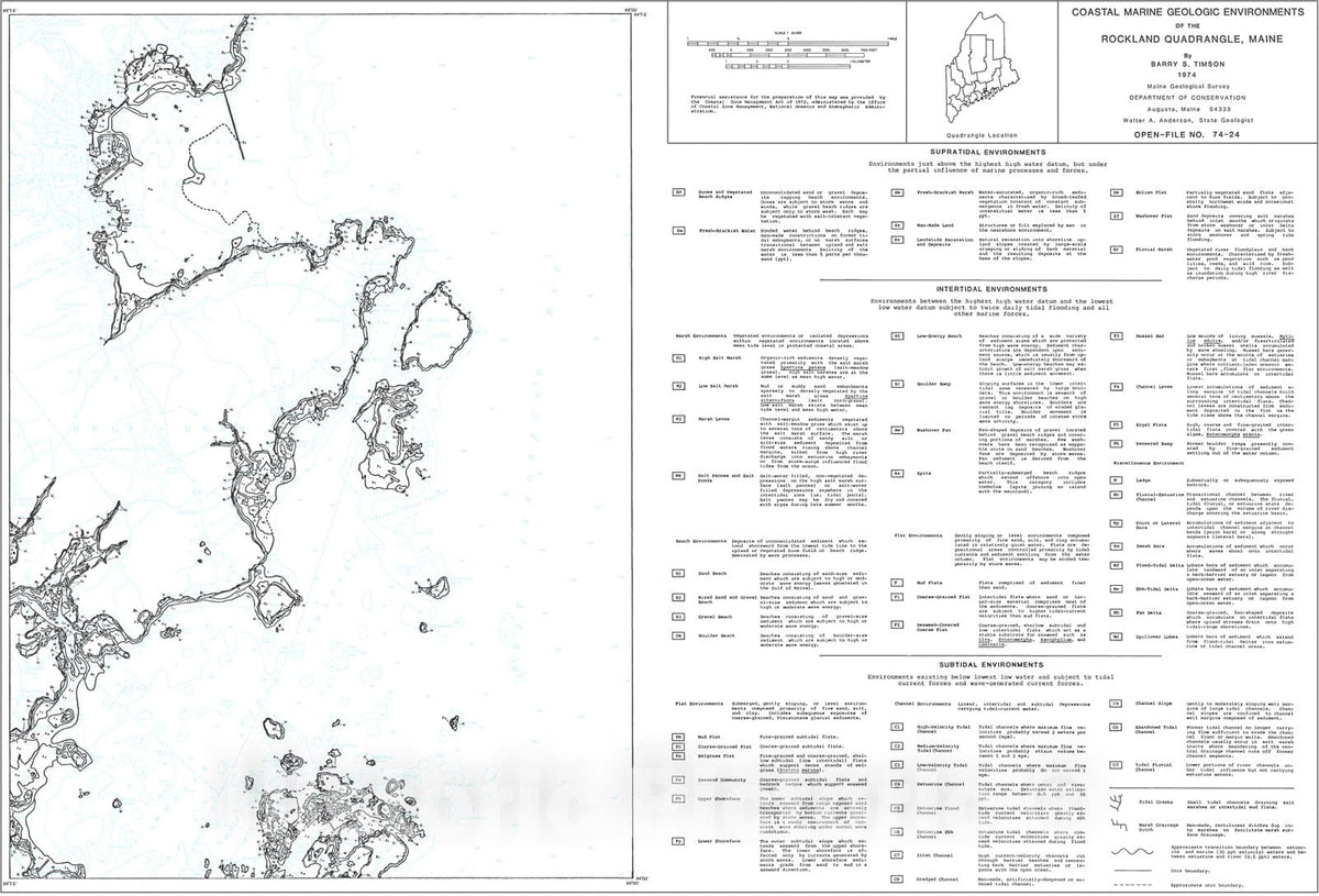 Map : Coastal Marine Geologic Environments in the Rockland Quadrangle, Maine, 1974 Cartography Wall Art :