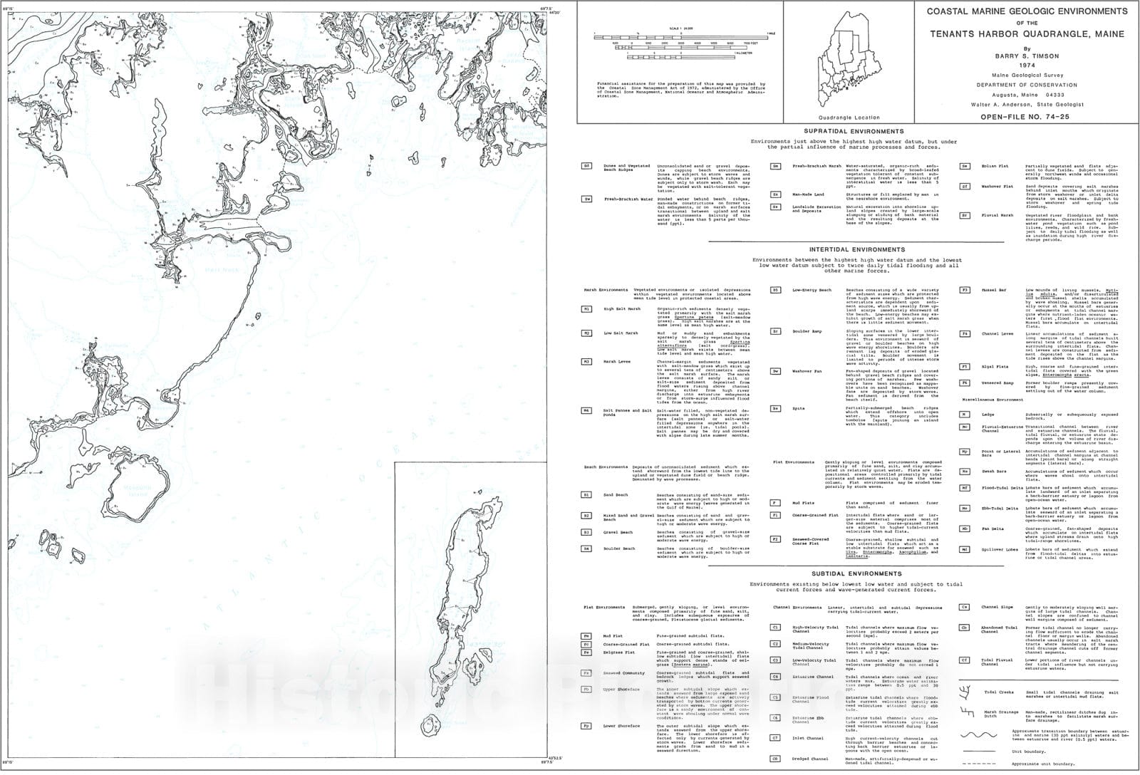 Map : Coastal Marine Geologic Environments in the Tenants Harbor Quadrangle, Maine, 1974 Cartography Wall Art :