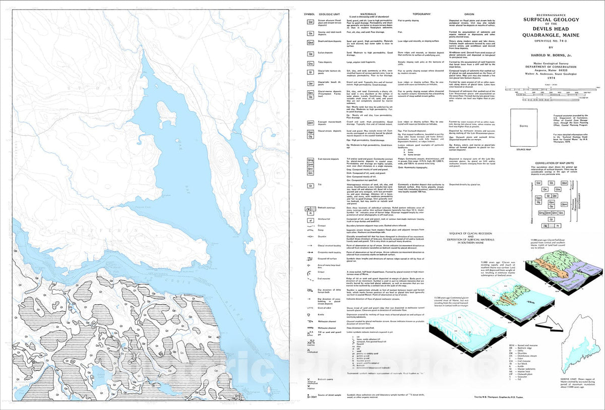 Map : Reconnaissance Surficial Geology of the Devils Head Quadrangle, Maine, 1974 Cartography Wall Art :
