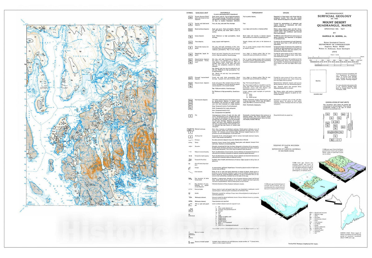 Map : Reconnaissance Surficial Geology of the Mount Desert 15' Quadrangle, Maine, 1974 Cartography Wall Art :