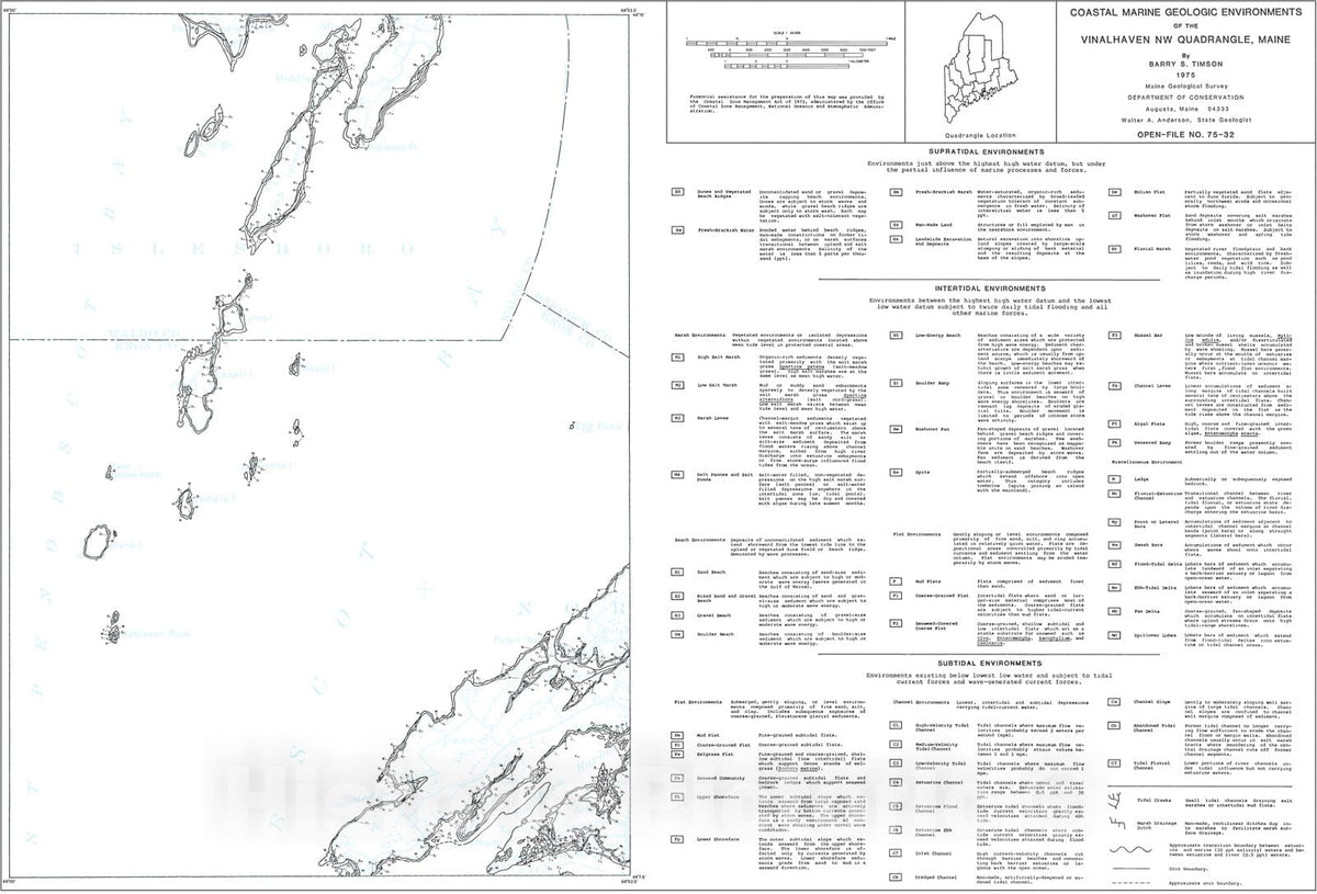 Map : Coastal Marine Geologic Environments of the Vinalhaven NW [North Haven West 7.5'] Quadrangle, Maine, 1975 Cartography Wall Art :