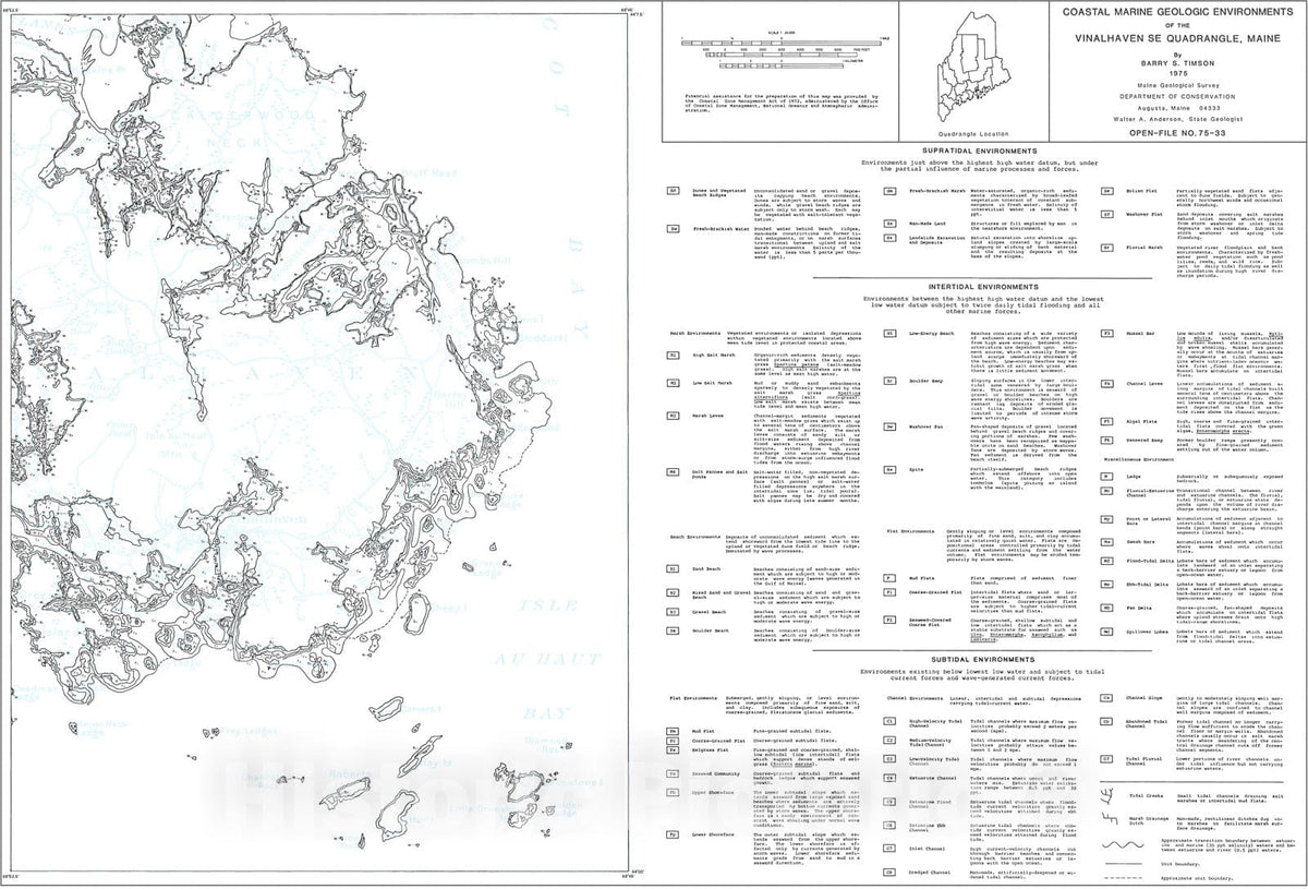 Map : Coastal Marine Geologic Environments of the Vinalhaven SE [Vinalhaven 7.5'] Quadrangle, Maine, 1975 Cartography Wall Art :