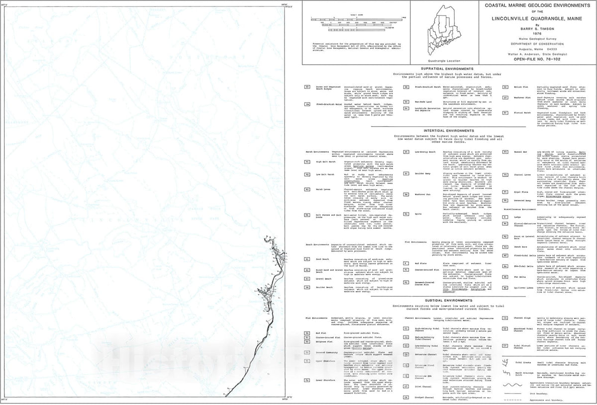 Map : Coastal Marine Geologic Environments in the Lincolnville Quadrangle, Maine, 1976 Cartography Wall Art :