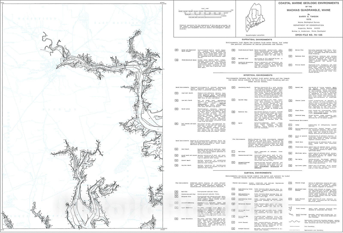 Map : Coastal Marine Geologic Environments in the Machias Quadrangle, Maine, 1976 Cartography Wall Art :