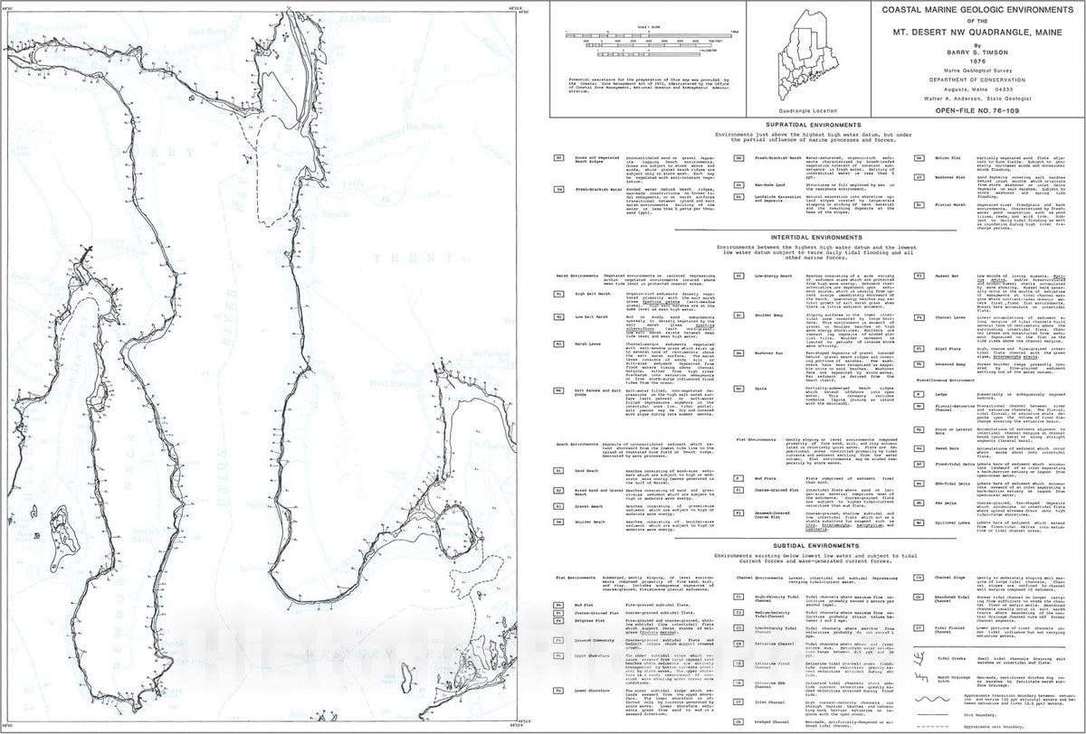 Map : Coastal Marine Geologic Environments of the Mt. Desert NW [Newbury Neck 7.5'] Quadrangle, Maine, 1976 Cartography Wall Art :