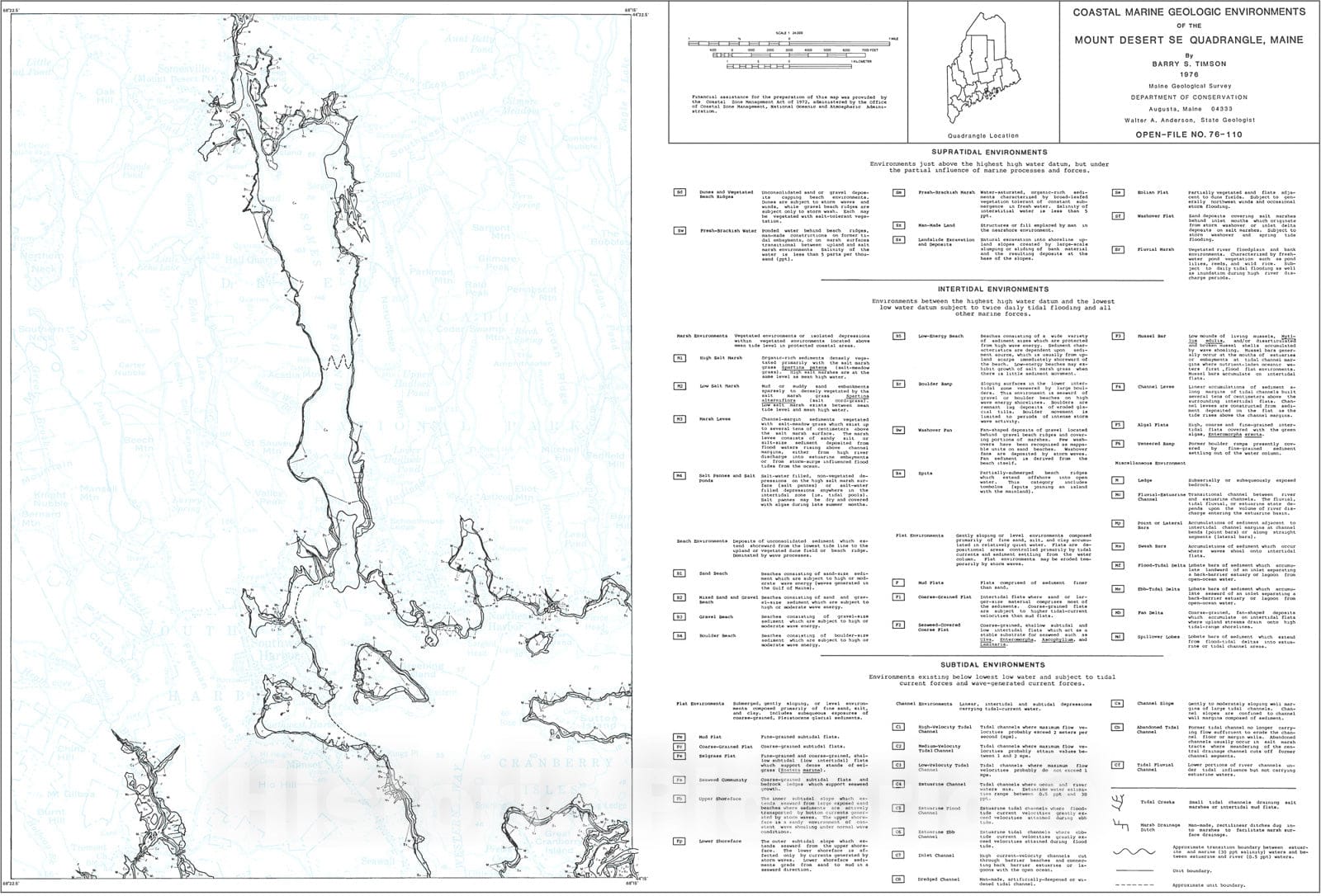 Map : Coastal Marine Geologic Environments of the Mt. Desert SE [Southwest Harbor 7.5'] Quadrangle, Maine, 1976 Cartography Wall Art :