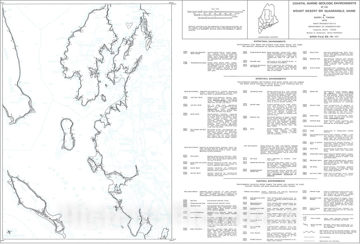 Map : Coastal Marine Geologic Environments of the Mt. Desert SW [Bartlett Island 7.5'] Quadrangle, Maine, 1976 Cartography Wall Art :