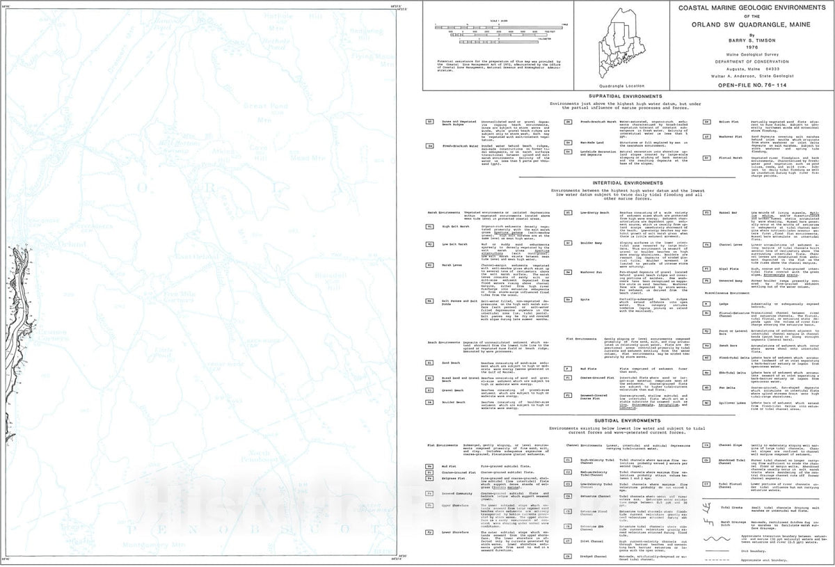 Map : Coastal Marine Geologic Environments of the Orland SW [Orland 7.5'] Quadrangle, Maine, 1976 Cartography Wall Art :