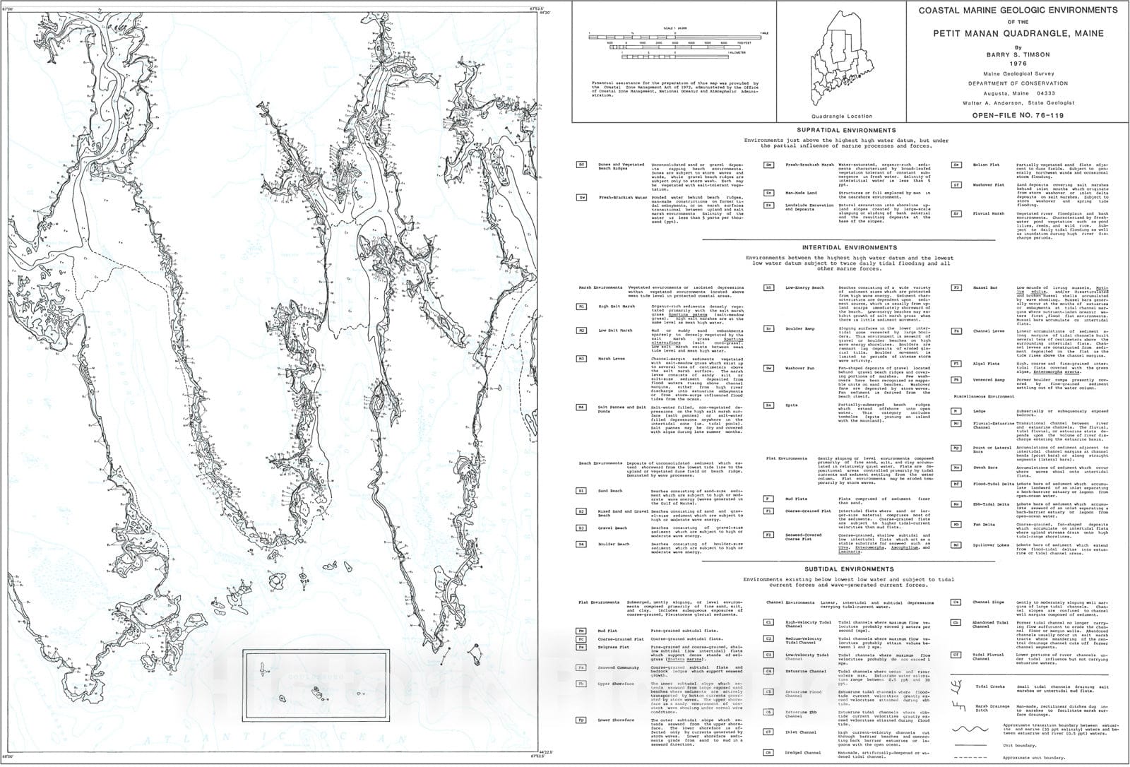 Map : Coastal Marine Geologic Environments in the Petit Manan Quadrangle, Maine, 1976 Cartography Wall Art :