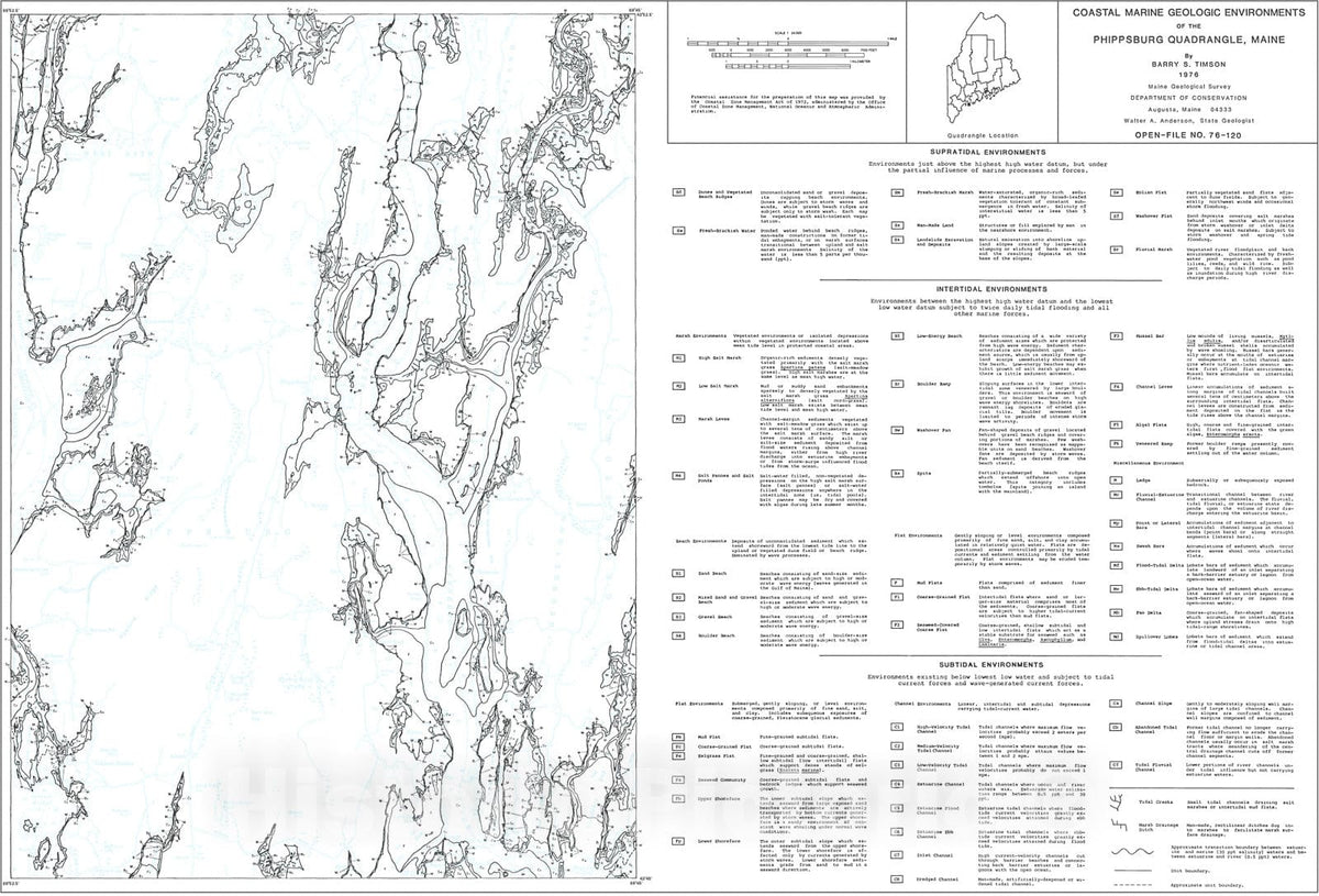 Map : Coastal Marine Geologic Environments in the Phippsburg Quadrangle, Maine, 1976 Cartography Wall Art :