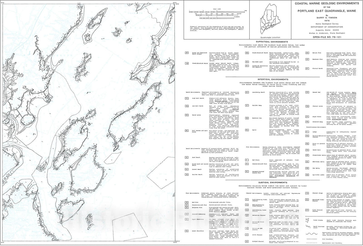 Map : Coastal Marine Geologic Environments in the Portland East Quadrangle, Maine, 1976 Cartography Wall Art :