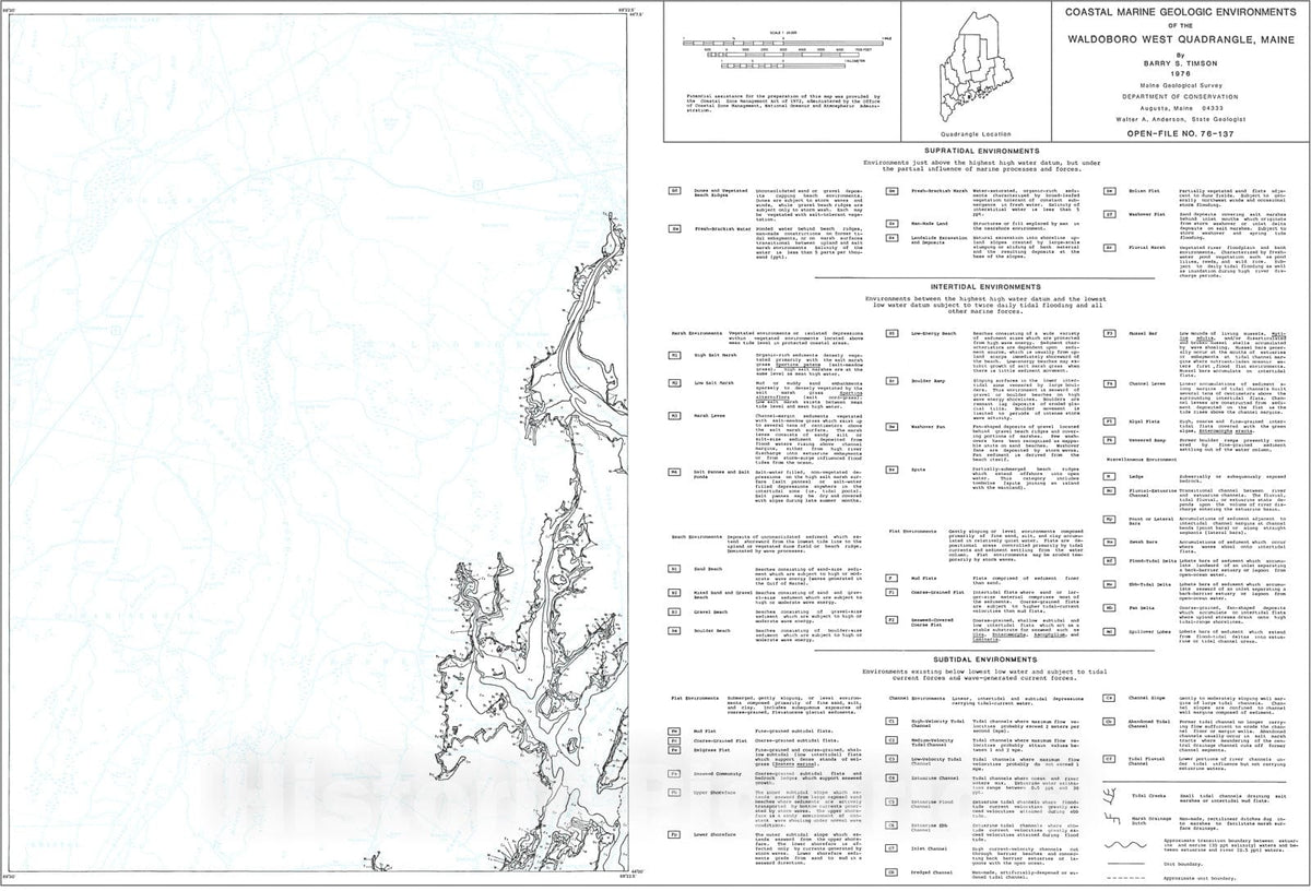 Map : Coastal Marine Geologic Environments in the Waldoboro West Quadrangle, Maine, 1976 Cartography Wall Art :