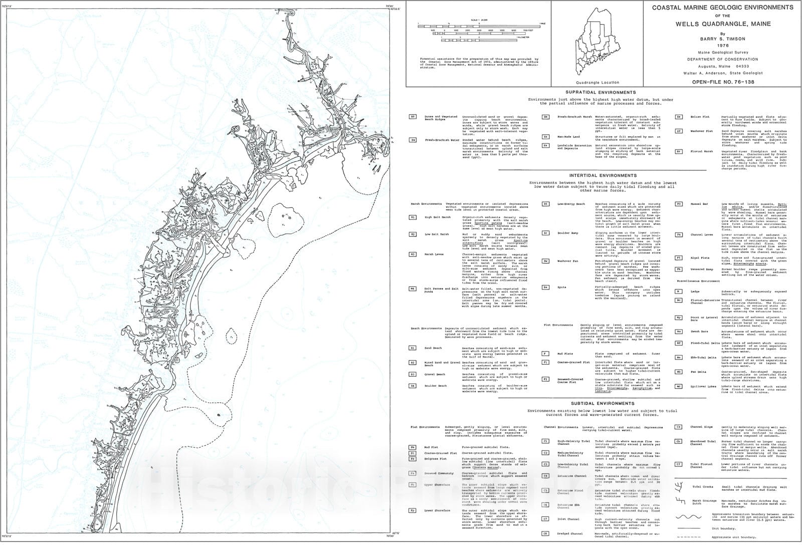 Map : Coastal Marine Geologic Environments in the Wells Quadrangle, Maine, 1976 Cartography Wall Art :