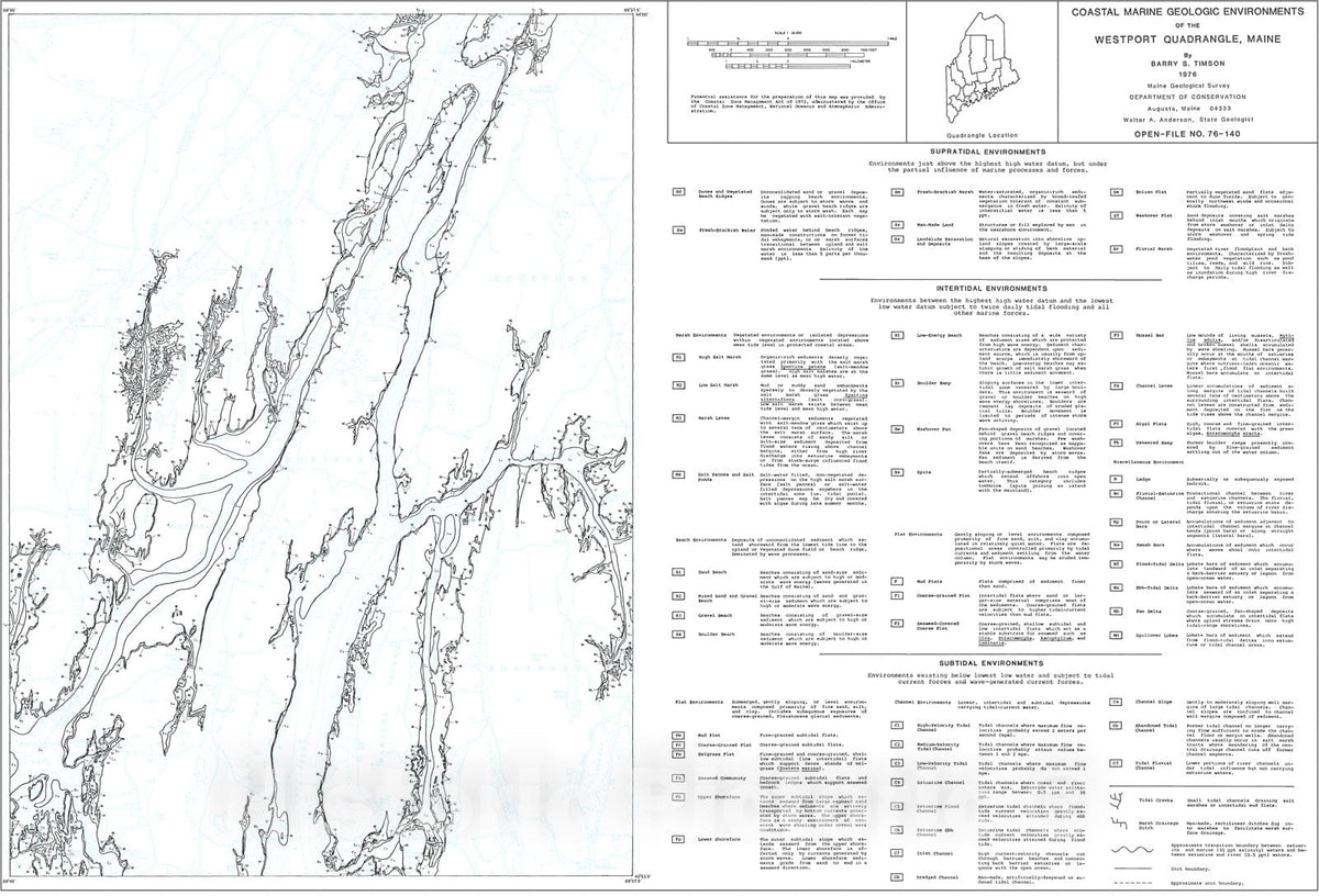 Map : Coastal Marine Geologic Environments in the Westport Quadrangle, Maine, 1976 Cartography Wall Art :