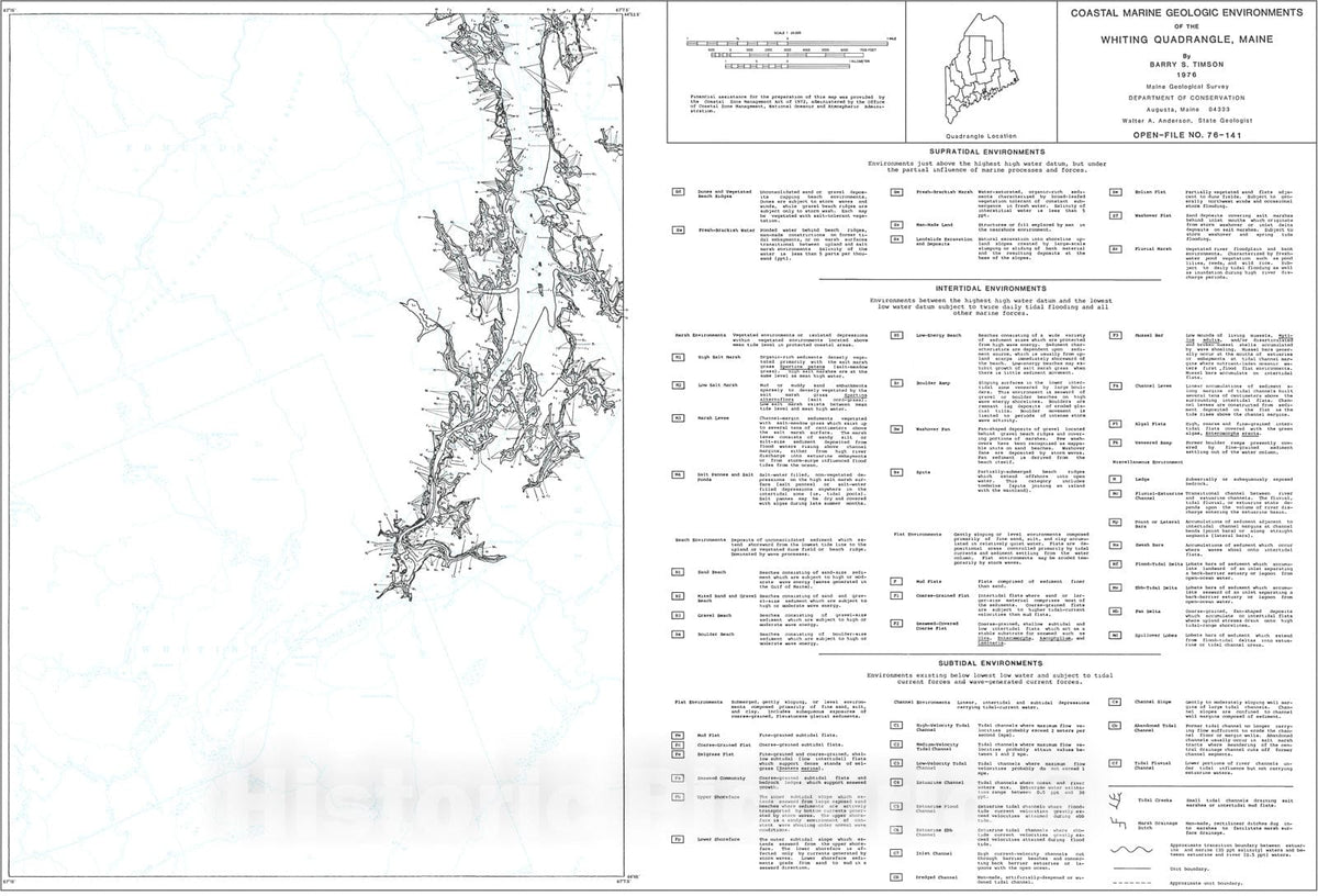 Map : Coastal Marine Geologic Environments in the Whiting Quadrangle, Maine, 1976 Cartography Wall Art :