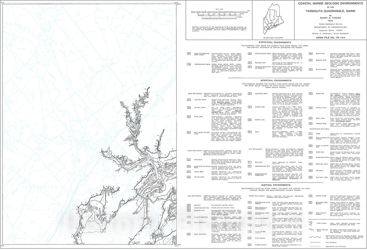 Map : Coastal Marine Geologic Environments in the Yarmouth Quadrangle, Maine, 1976 Cartography Wall Art :