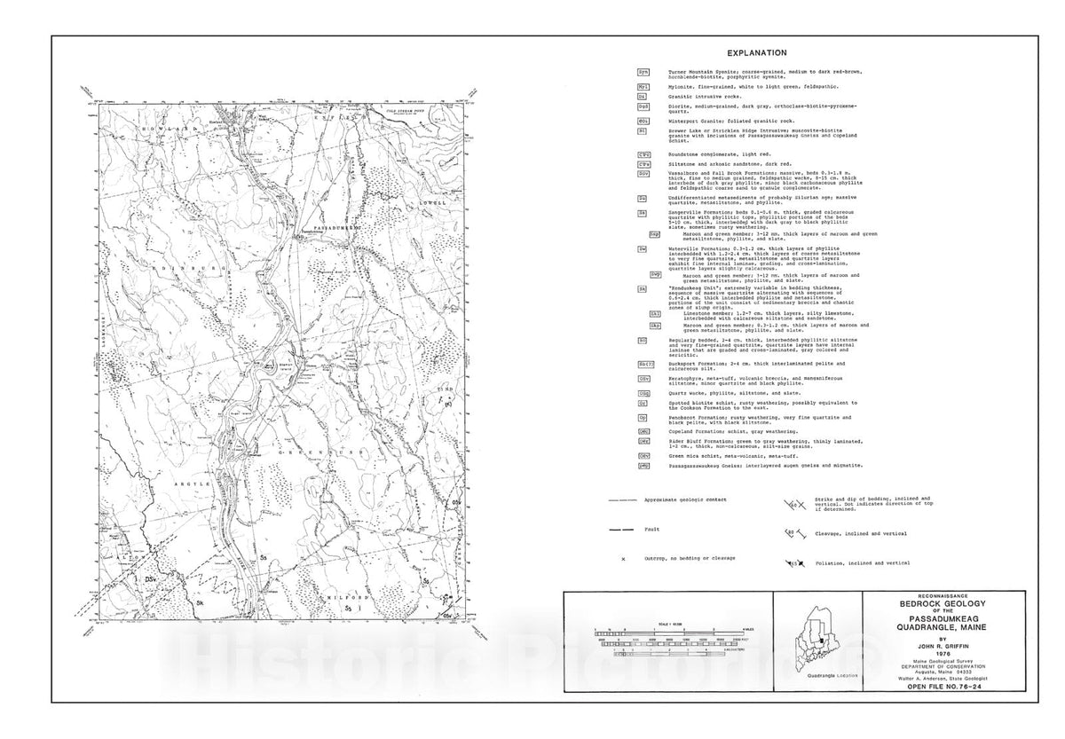 Map : Reconnaissance Bedrock Geology of the Passadumkeag Quadrangle, Maine, 1976 Cartography Wall Art :