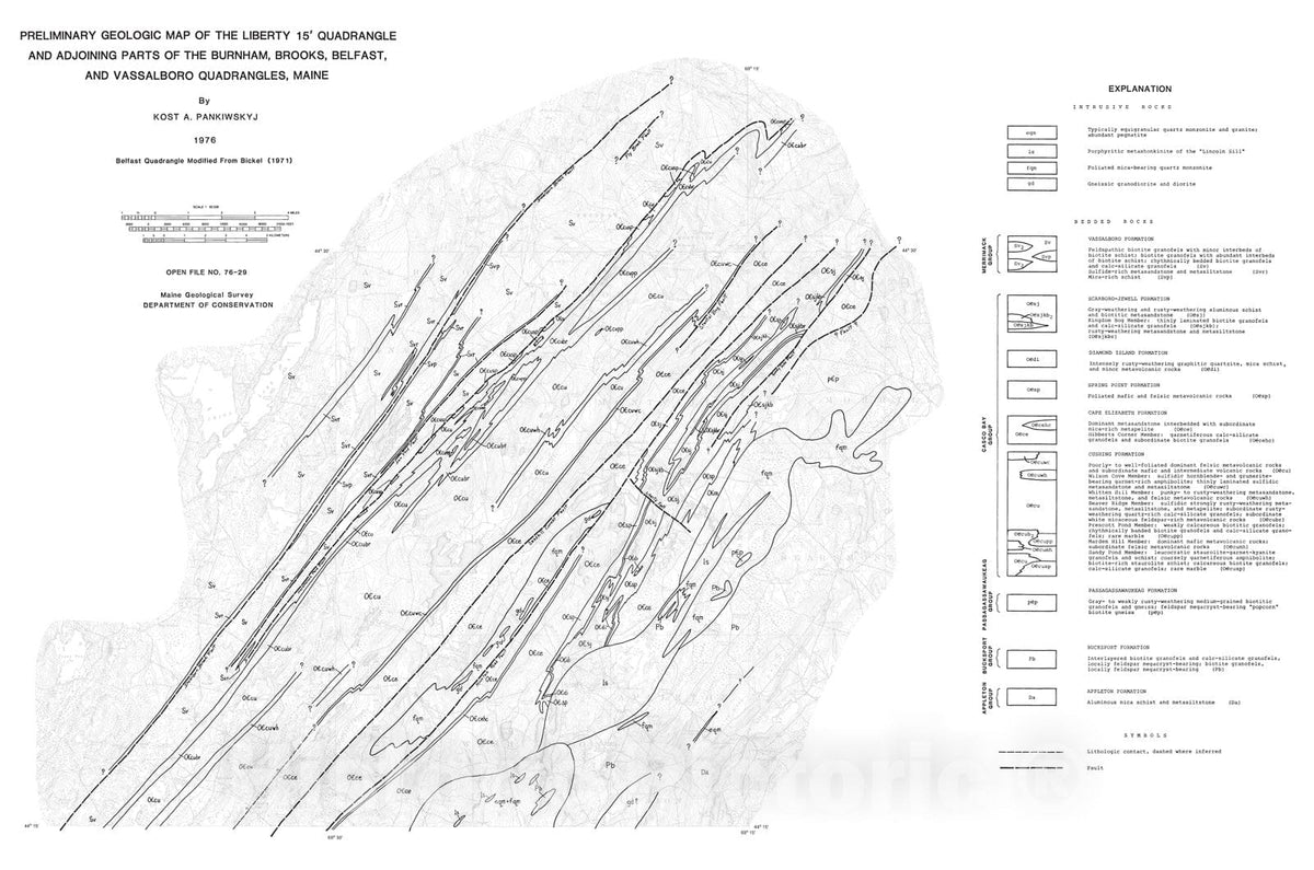 Map : Preliminary report on the geology of the Liberty 15' quadrangle and adjoining parts of the Burnham, Brooks, Belfast, and Vassalbor, 1976 Cartography Wall Art :