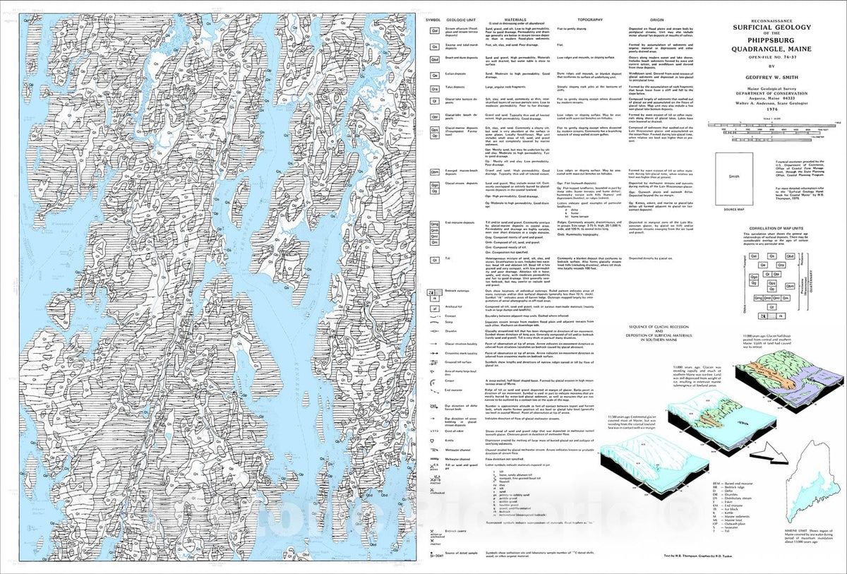 Map : Reconnaissance Surficial Geology of the Phippsburg Quadrangle, Maine, 1976 Cartography Wall Art :