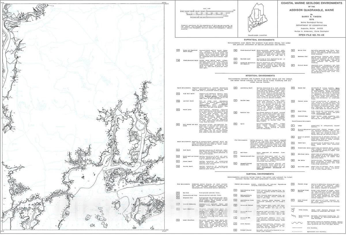 Map : Coastal Marine Geologic Environments in the Addison Quadrangle, Maine, 1976 Cartography Wall Art :