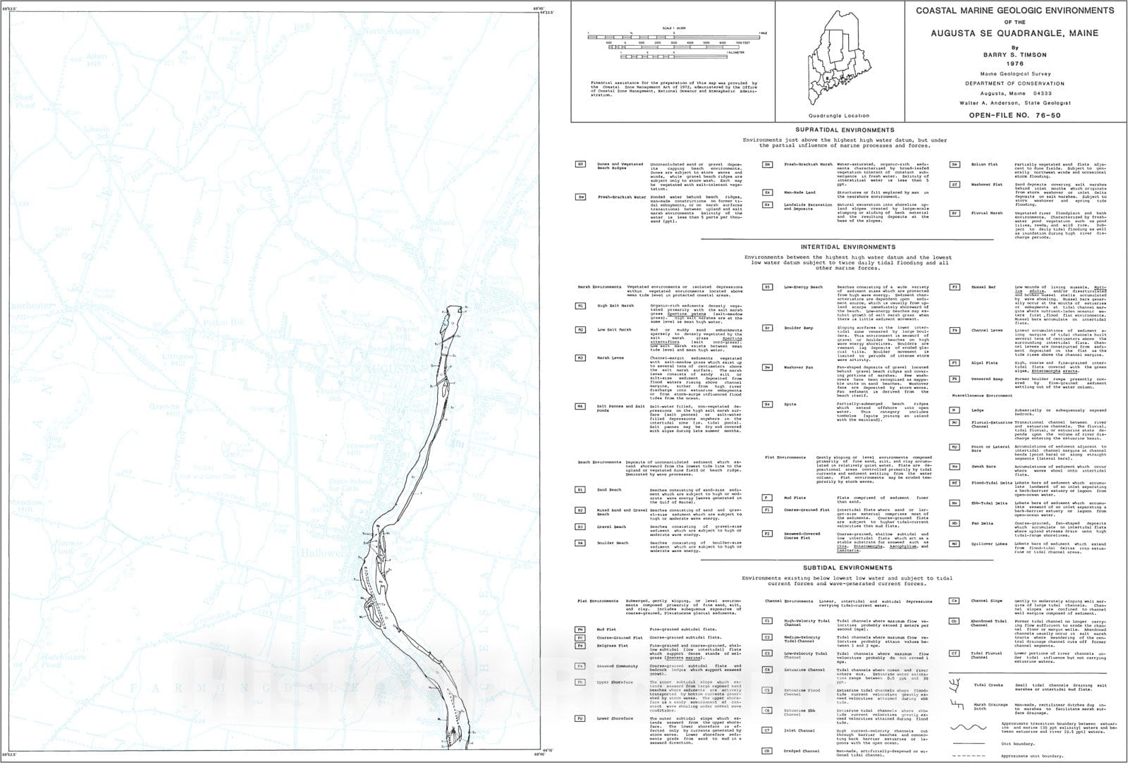 Map : Coastal Marine Geologic Environments of the Augusta SE [Augusta 7.5'] Quadrangle, Maine, 1976 Cartography Wall Art :