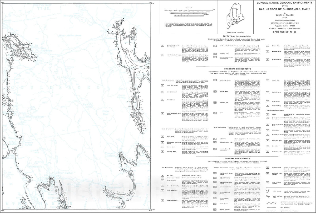 Map : Coastal Marine Geologic Environments of the Bar Harbor NE [Winter Harbor 7.5'] Quadrangle, Maine, 1976 Cartography Wall Art :