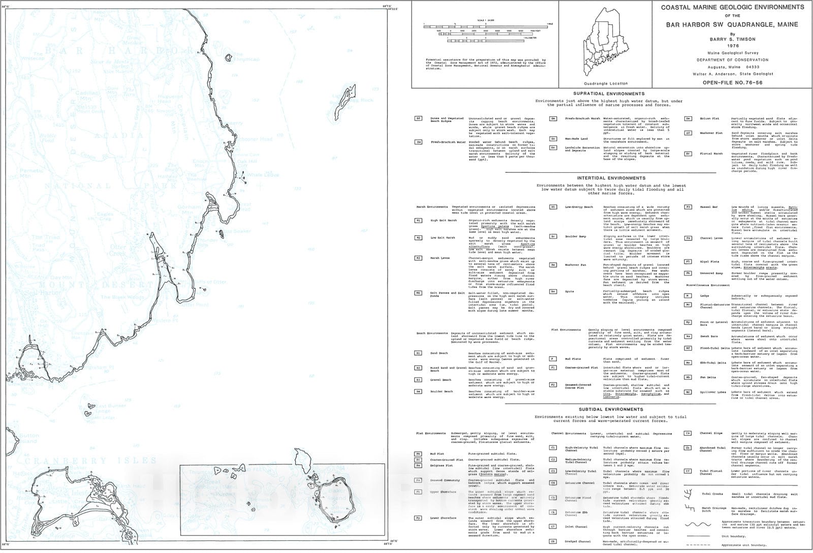 Map : Coastal Marine Geologic Environments of the Bar Harbor SW [Seal Harbor 7.5'] Quadrangle, Maine, 1976 Cartography Wall Art :