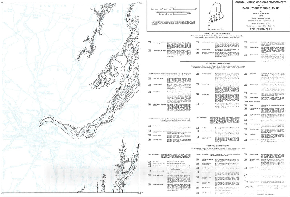 Map : Coastal Marine Geologic Environments of the Bath NW [Brunswick 7.5'] Quadrangle, Maine, 1976 Cartography Wall Art :